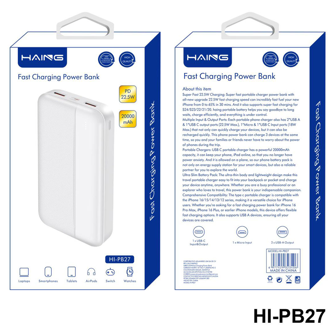 HAING Fast Charging Power Bank 20000mAh – 22.5W, 3 Outputs, Airplane-Safe Price in Jordan HAING Fast Charging Power Bank 20000mAh – 22.5W, 3 Outputs, Airplane-Safe - Buy Online in Jordan | OfficeJo