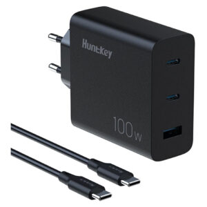 Huntkey 100W GaN PD Wall Charger – 3-Port, 2-Pin Plug, Type-C Cable Included - Buy Online in Jordan | OfficeJo