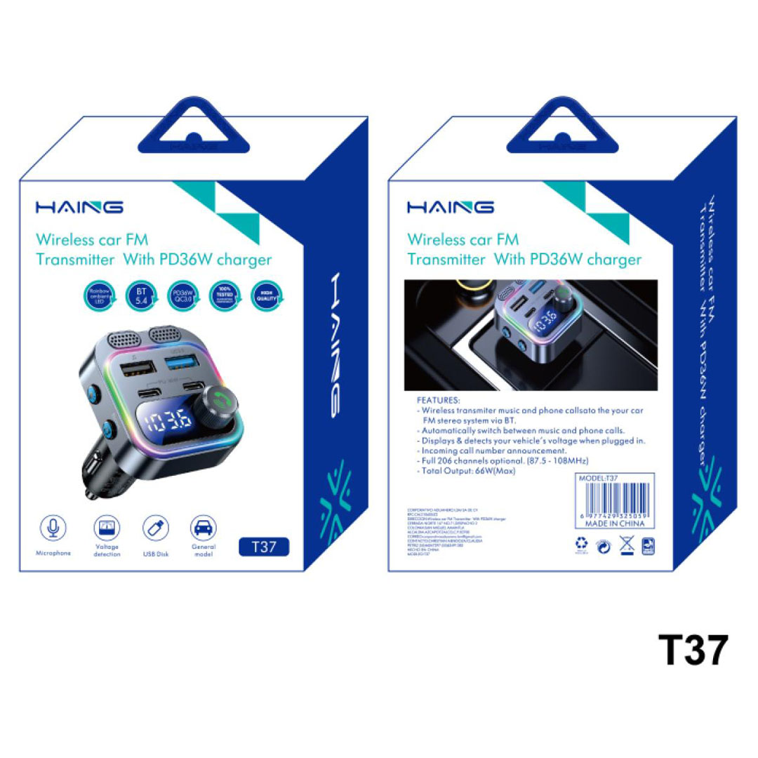 HAING T37 Wireless Car FM Transmitter – Bluetooth, 206 Channels, 66W Output, PD 36W Price in Jordan HAING T37 Wireless Car FM Transmitter – Bluetooth, 206 Channels, 66W Output, PD 36W - Buy Online in Jordan | OfficeJo