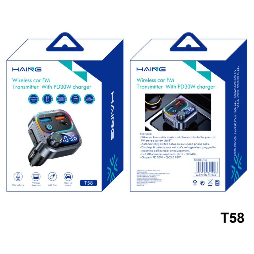 HAING T58 Wireless Car FM Transmitter – Bluetooth, PD 30W, QC3.0 18W, 206 Channels Price in Jordan HAING T58 Wireless Car FM Transmitter – Bluetooth, PD 30W, QC3.0 18W, 206 Channels - Buy Online in Jordan | OfficeJo